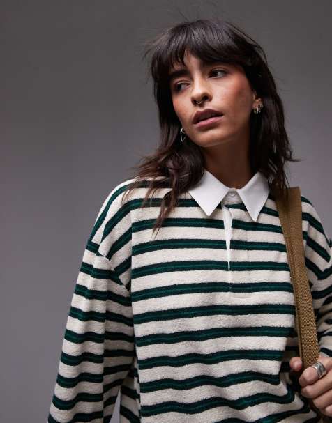 Topshop - Polo a maniche lunghe écru e verde a righe in spugna - view 1