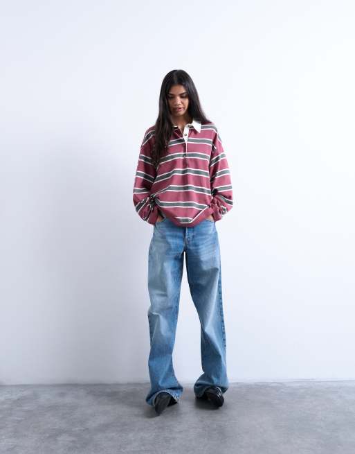 Topshop - Polo a maniche lunghe stile rugby in jersey bordeaux a righe, 4 di 4