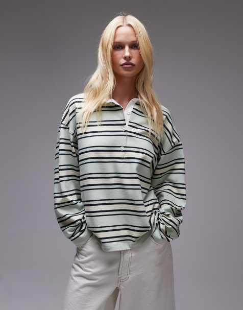 Topshop - Polo a maniche lunghe stile rugby in jersey color pistacchio a righe - view 1