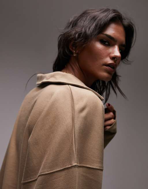 Topshop - Polo basique oversize à manches longues de qualité supérieure - Taupe, 3 de 4