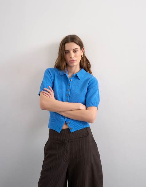 Topshop - Polo cintré à la taille en maille fine de tissu éponge - Bleu - view 1