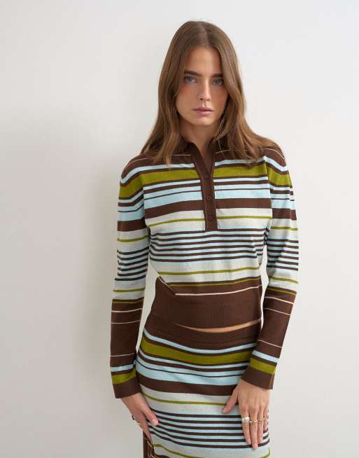 Topshop - polo de punto de manga larga a rayas en burdeos multicolor, 1 de 4