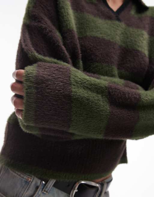 Topshop - Polo décontracté à rayures en maille duveteuse - Gris et vert, 4 de 4