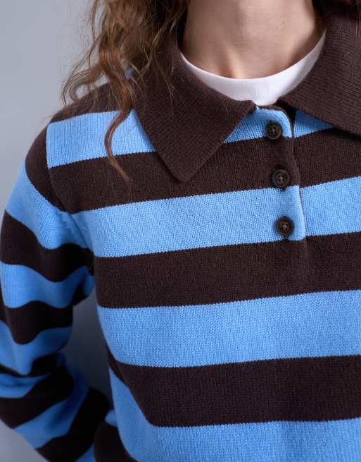 Topshop knit striped polo in blue and chocolate