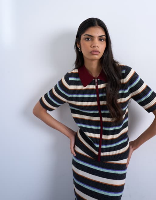 Topshop - Polo in maglia a righe multicolore bordeaux con zip in coordinato