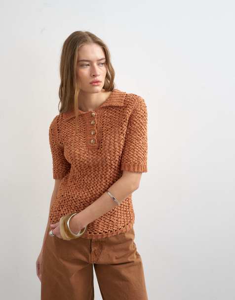 Topshop - Polo in maglia color ruggine con filato effetto fettuccia - view 1