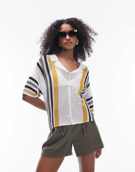 Topshop - Polo in maglia multicolore a righe traforata