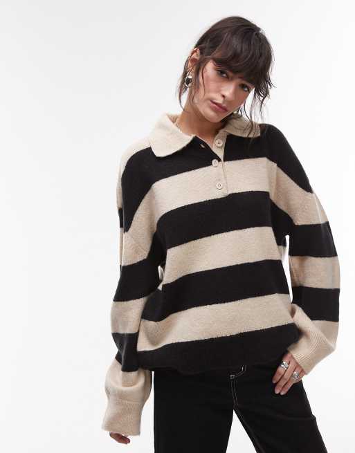 Topshop - Polo in maglia nera e color avena