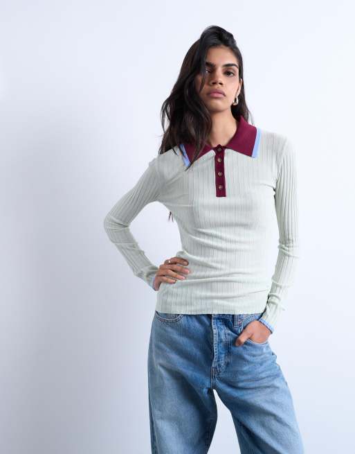 Topshop - Polo in maglia trasparente color menta a coste con colletto a contrasto