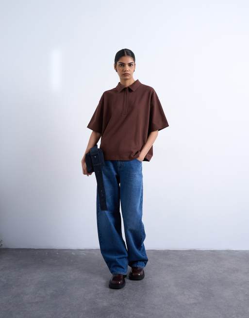 Topshop - Polo maniche corte in interlock marrone cioccolato in coordinato