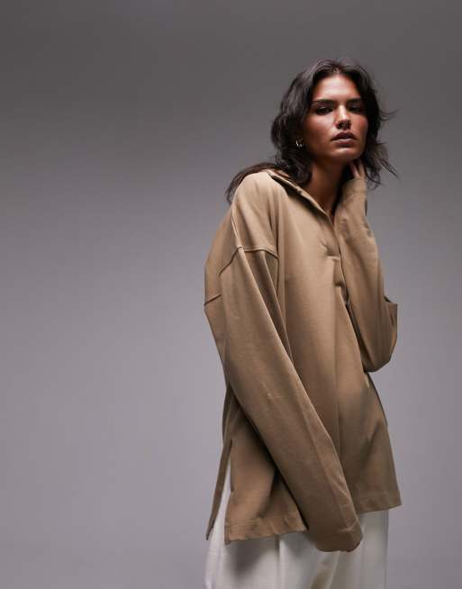 Topshop - Polo oversize a maniche lunghe premium basic tortora