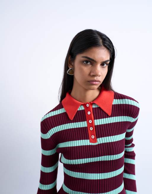 Topshop - Polo rayé en maille - Bordeaux et vert, 4 de 4