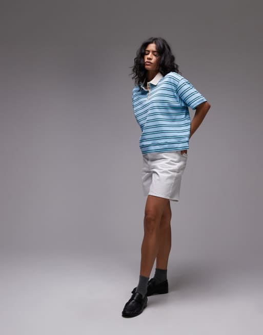 Topshop - Polo squadrata turchese a righe, 2 di 4