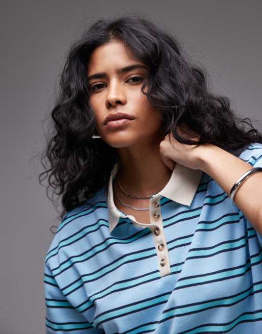 Topshop - Polo squadrata turchese a righe, 4 di 4