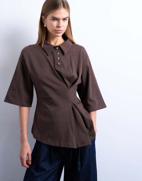 Topshop - Polo strutturata marrone cioccolato con dettaglio raccolto - view 1