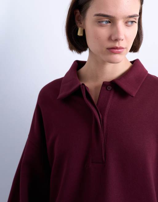 Topshop polo sweat in burgundy, 3 of 4