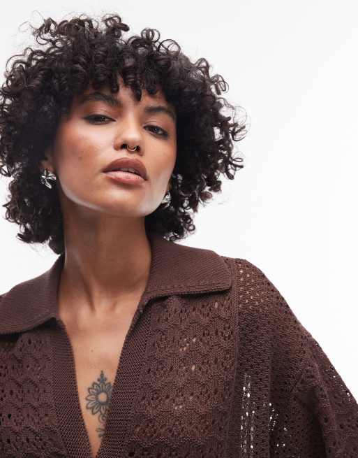 Topshop – Polo-Top aus offenmaschigem Strick in Schokobraun, 3 von 4