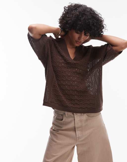 Topshop - Polo traforata color cioccolato
