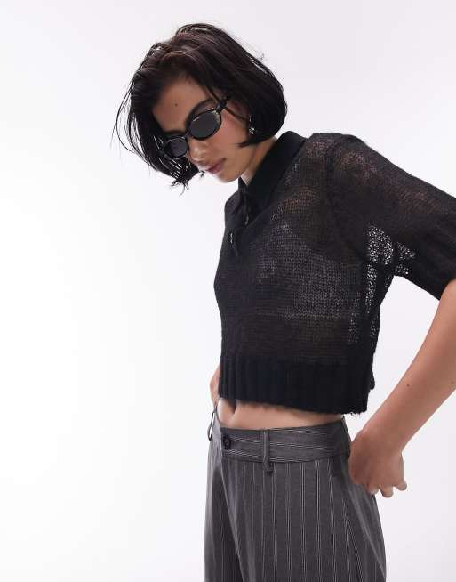 Topshop - Polo transparent en maille - Noir