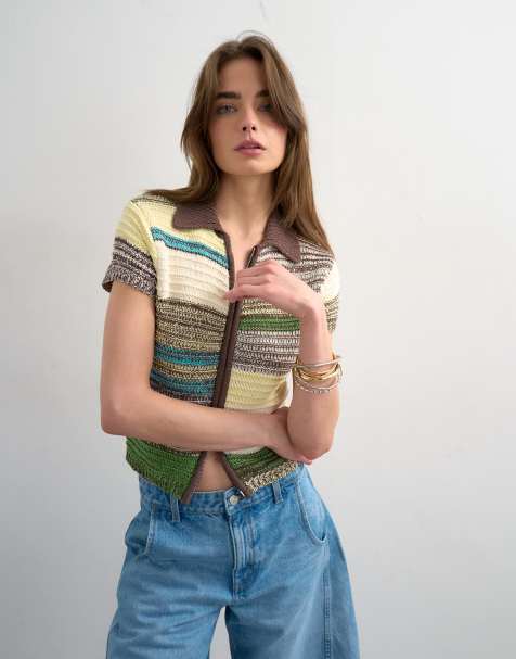 Topshop – Poloshirt aus Strick in Gelb mit Streifen und Reißverschluss - view 1