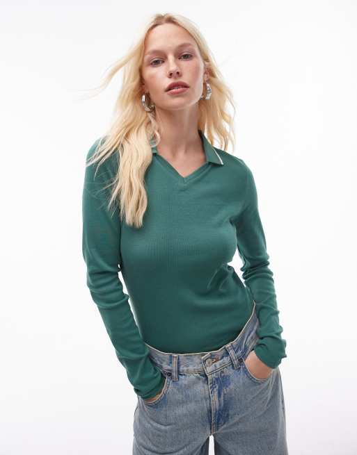 Topshop - Polotop met lange mouwen en een gekleurd randje in donkergroen