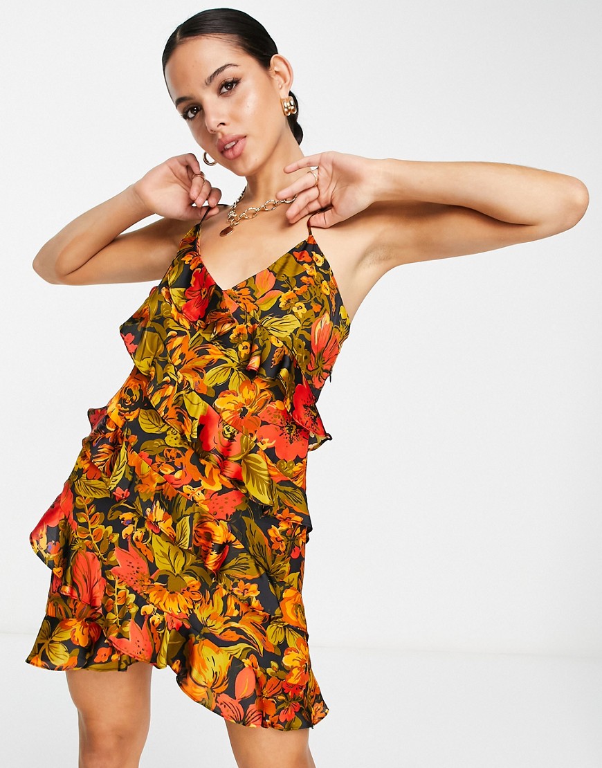 Topshop Poly Ruffle Bold Bright Floral Mini Slip Dress In Multi - Multi