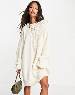 Topshop knitted ribbed crew neck dress in cream