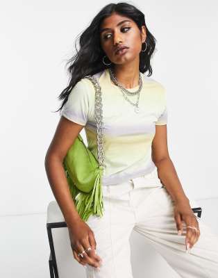 Topshop Polyester Blend Ombre Spray Stripe Baby Tee In Green - Lgreen