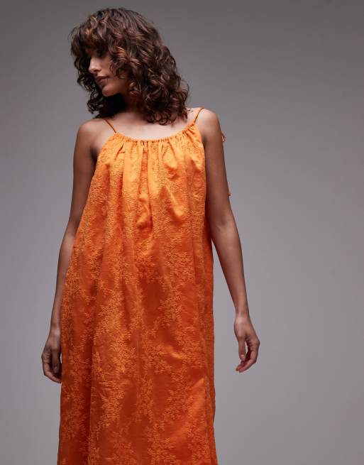 Topshop – Pomarańczowa, haftowana sukienka midi, 3 z 4