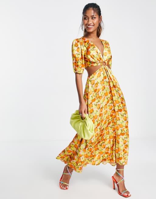 Topshop – Pomarańczowa satynowa sukienka midi w kwiatowy wzór, z balonowymi rękawami z wycięciem i kółkiem 