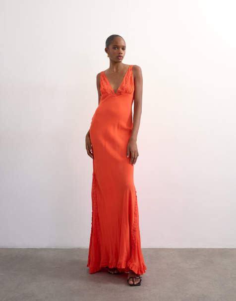 Topshop – Pomarańczowa sukienka maxi z głębokim dekoltem i haftem - view 1
