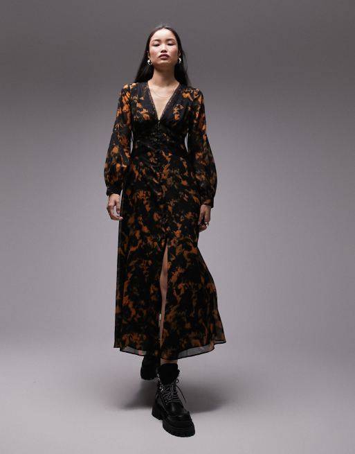 Topshop – Pomarańczowa sukienka mini ze zwierzęcym wzorem z dekoltem w szpic i koronką