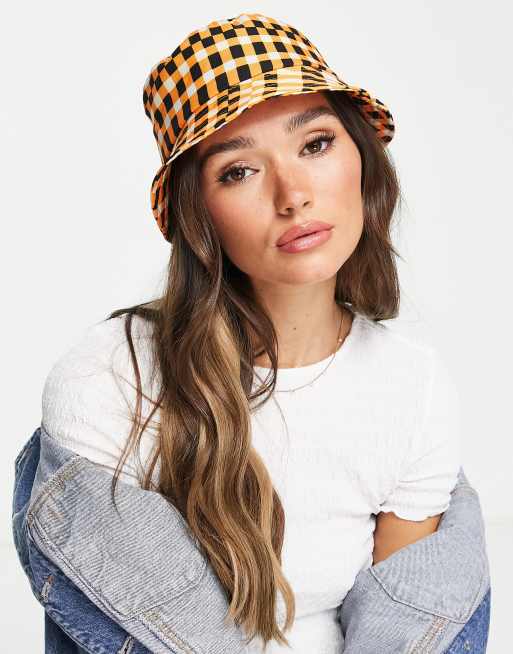 Topshop – Pomarańczowy kapelusz typu bucket w kratkę vichy