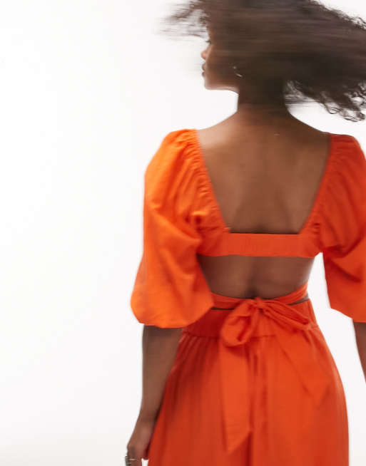 Topshop – Pomarańczowy lniany top z bufkami