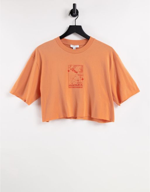 Topshop – Pomarańczowy T-shirt o krótkim fasonie z motywem natury