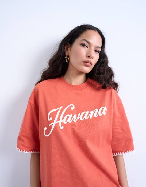 Topshop – Pomarańczowy T-shirt oversize z grafiką „Havana” i ściegiem dzierganym - view 1