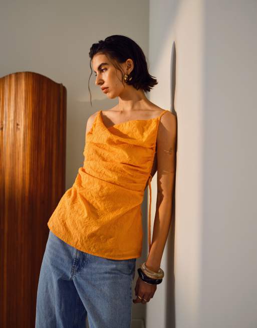 Topshop – Pomarańczowy top na ramiączkach z haftowanym wzorem i marszczeniem z boku