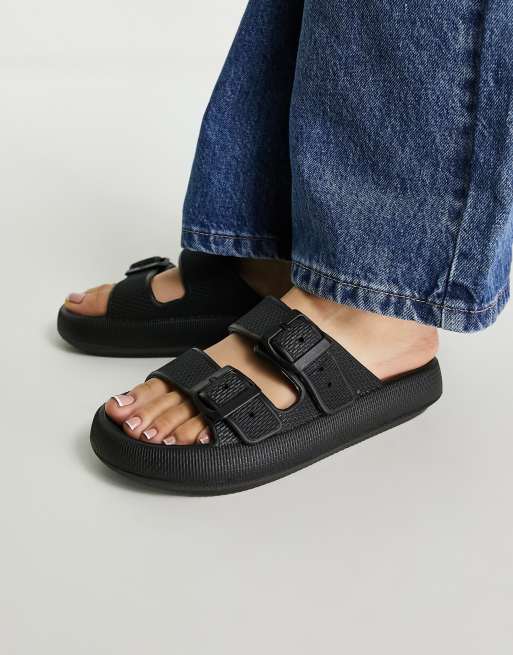 Topshop Pop buckle double strap slider sandal in black