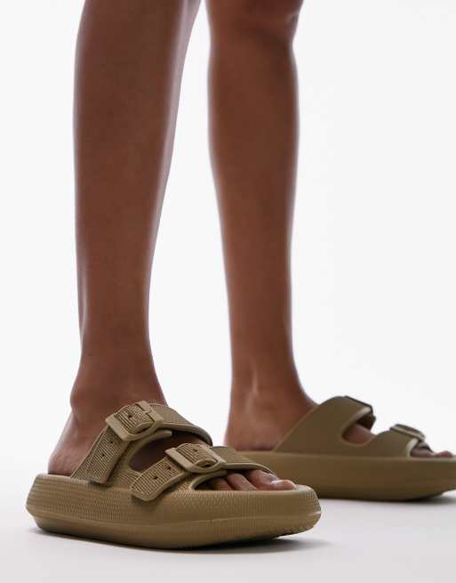 Topshop Pop buckle sliders in khaki ASOS