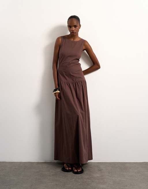 Topshop – Popeline-Maxikleid in Schokobraun mit Zierausschnitt an der Taille, 2 von 4