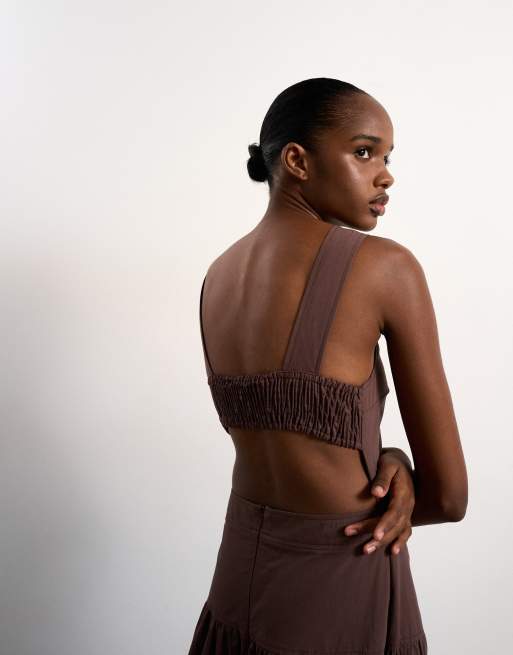 Topshop – Popeline-Maxikleid in Schokobraun mit Zierausschnitt an der Taille, 3 von 4
