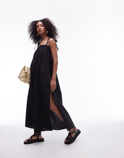 Topshop – Popeline-Maxikleid in Schwarz mit geraffter Brustpartie