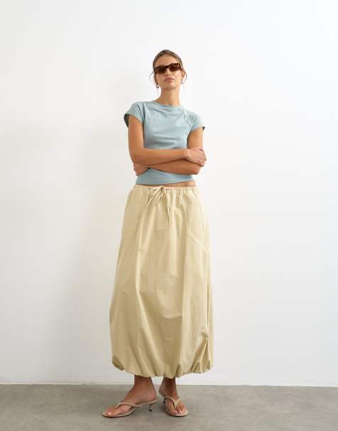 Topshop Popeline-Maxirock mit Ballonsaum in Stone - view 1