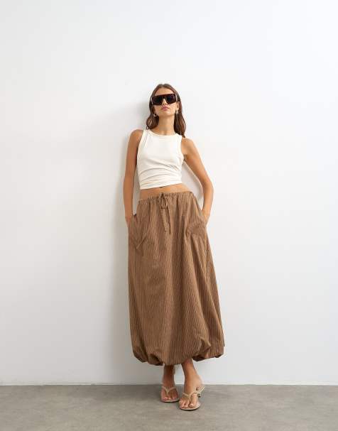 Topshop Popeline-Maxirock mit Ballonsaum und Streifen in Schokobraun - view 1