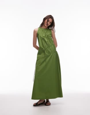 Topshop - Popeline-Midikleid in Grün mit Raffung mit Kordelzug