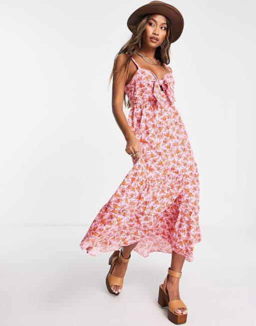Topshop – Popeline-Midikleid in Rosa mit rotem Rosenmuster und Schleife