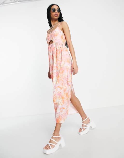 Topshop – Popeline-Midikleid mit eiförmigem Zierausschnitt in bunt