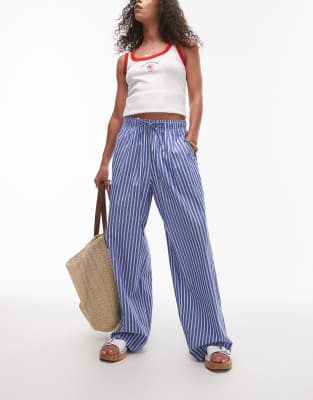 Topshop - Popeline-Schlupfhose in gestreiftem Dunkelblau mit weitem Bein