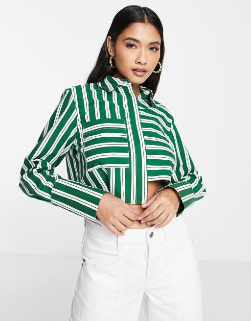 Topshop – Popelinowa koszula o krótkim fasonie w zielone paski 