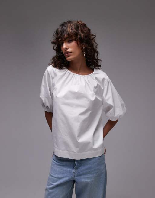 Topshop – Popelinowy top z bufkami w kolorze kości słoniowej